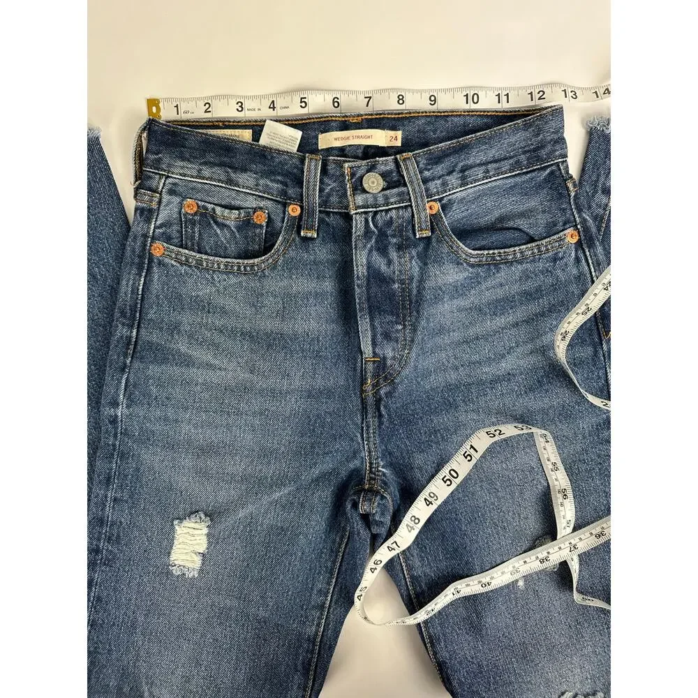 Levi's Wedgie Straight Ankle Jeans 24x28 Distressed Medium Indigo Raw Hem High - Picture 9 of 13
